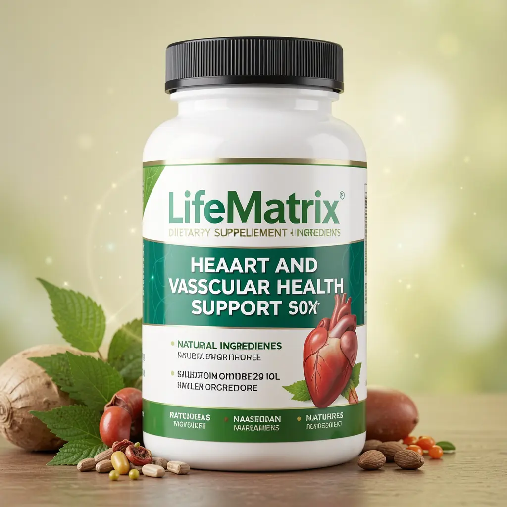 LifeMatrix dietary supplement bottle with natural ingredients for heart and vascular health support